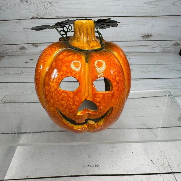 Ceramic Halloween Pumpkin Tea Light Holder Carved Face Green Leaves Fall Decor - Picture 1 of 8